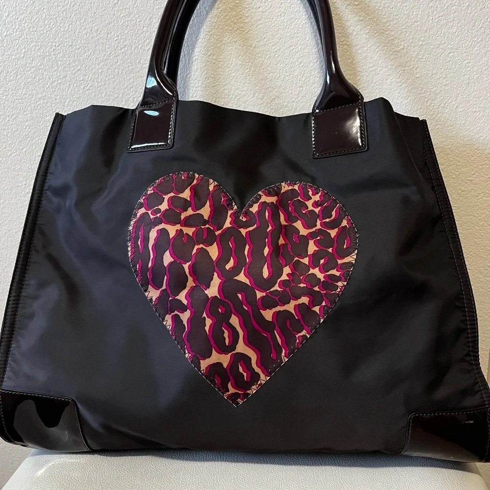 Tory Burch World Drive Black and Brown Leopard Heart Tote